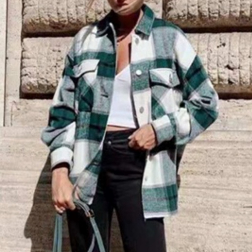 Plaid Stripe Oversized Flannel Shirt Shacket green - Picture 3 of 16
